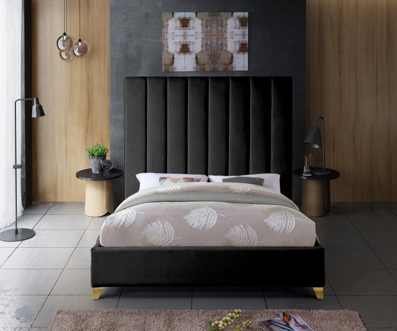 Via Velvet Queen Bed Black - Gate FurnitureQueen Bed