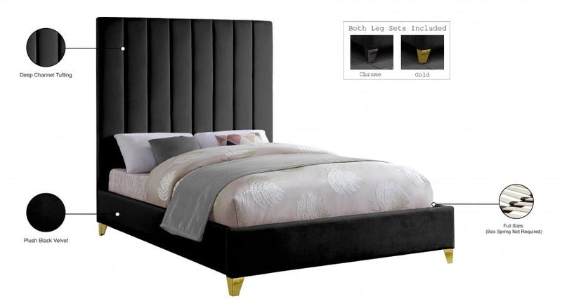 Via Velvet Queen Bed Black - Gate FurnitureQueen Bed