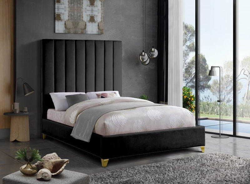 Via Velvet Queen Bed Black - Gate FurnitureQueen Bed