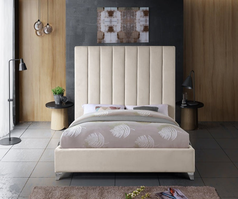 Via Velvet Queen Bed Cream - Gate FurnitureQueen Bed