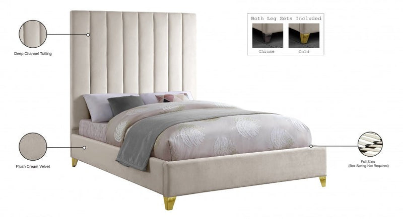 Via Velvet Queen Bed Cream - Gate FurnitureQueen Bed