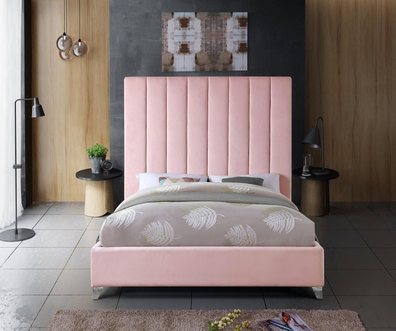 Via Velvet Queen Bed Pink - Gate FurnitureQueen Bed