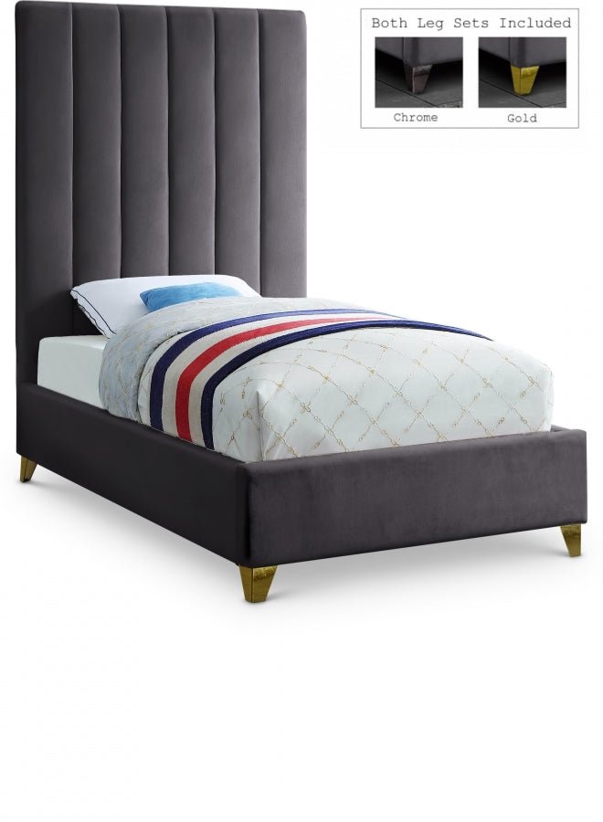 Via Velvet Twin Bed Grey - Gate FurnitureTwin Bed