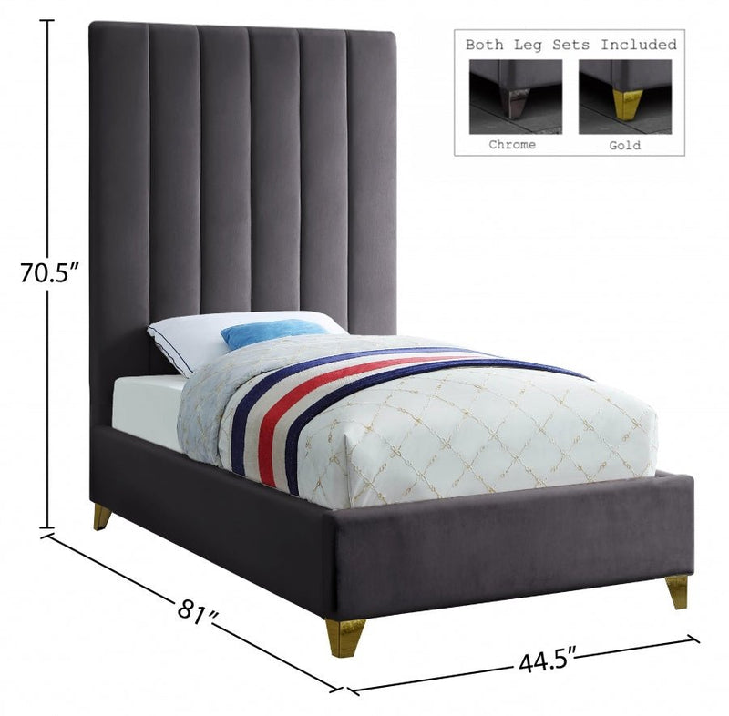 Via Velvet Twin Bed Grey - Gate FurnitureTwin Bed