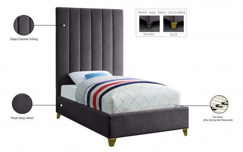 Via Velvet Twin Bed Grey - Gate FurnitureTwin Bed