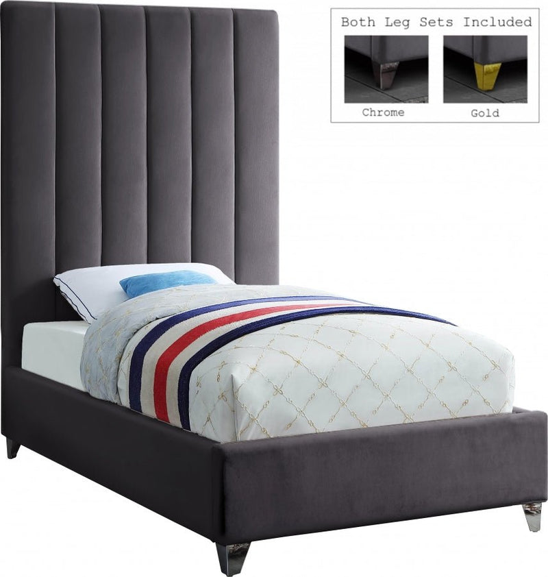 Via Velvet Twin Bed Grey - Gate FurnitureTwin Bed