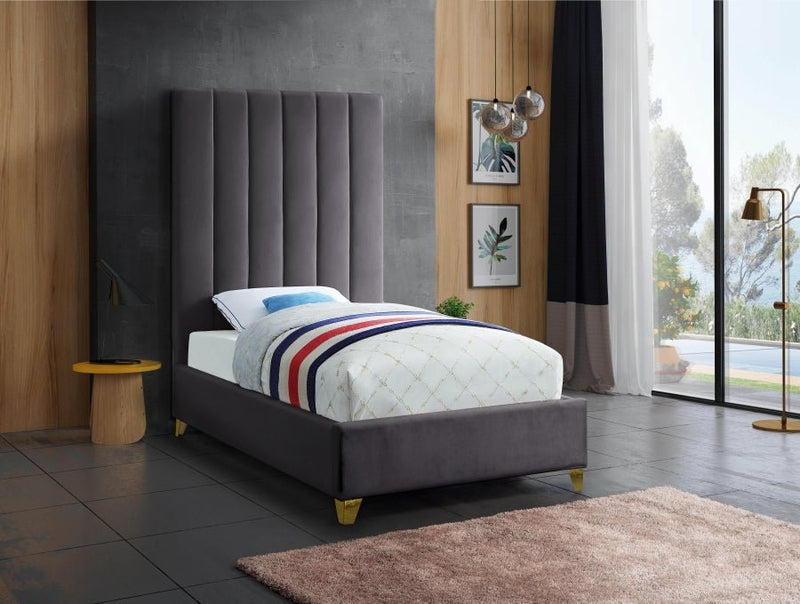 Via Velvet Twin Bed Grey - Gate FurnitureTwin Bed