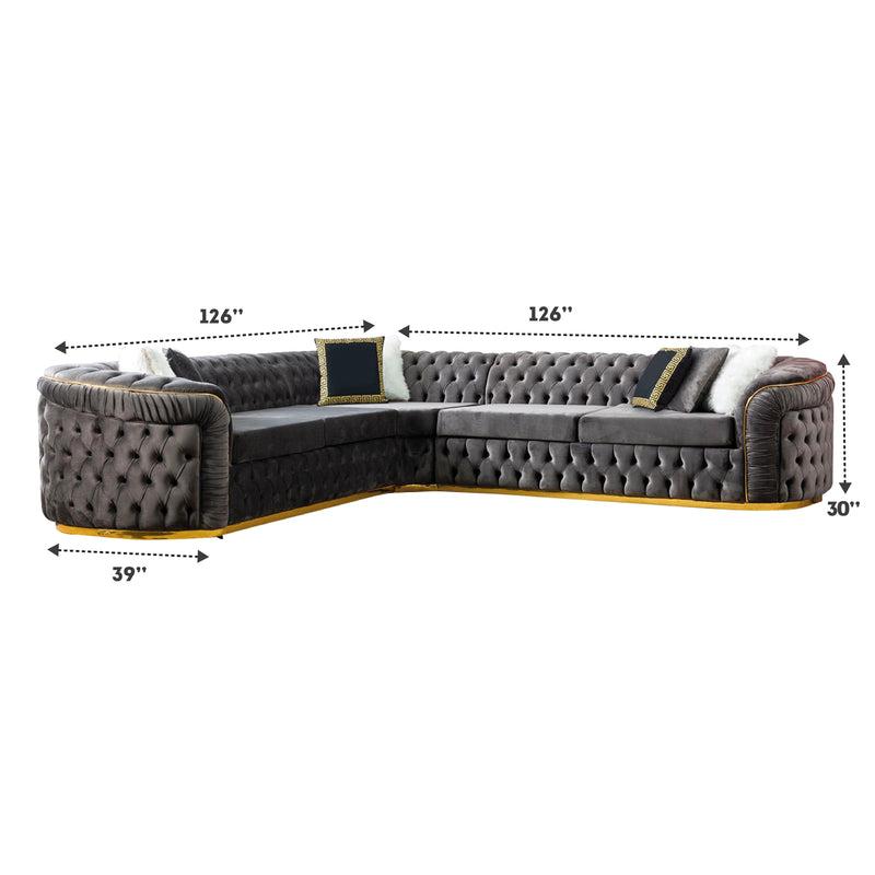 Washington 126 in. W 3 - Piece Soft Touch Velvet L - Shaped Sectional in Gray - Gate FurnitureSectional