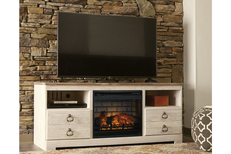 Willowton Whitewash 64" TV Stand with Electric Fireplace - Gate FurnitureTV Stand