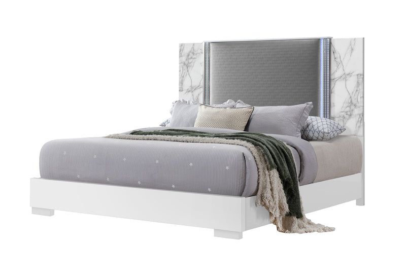 Ylime White Marble King Bed With Led - Gate FurnitureKing Bed