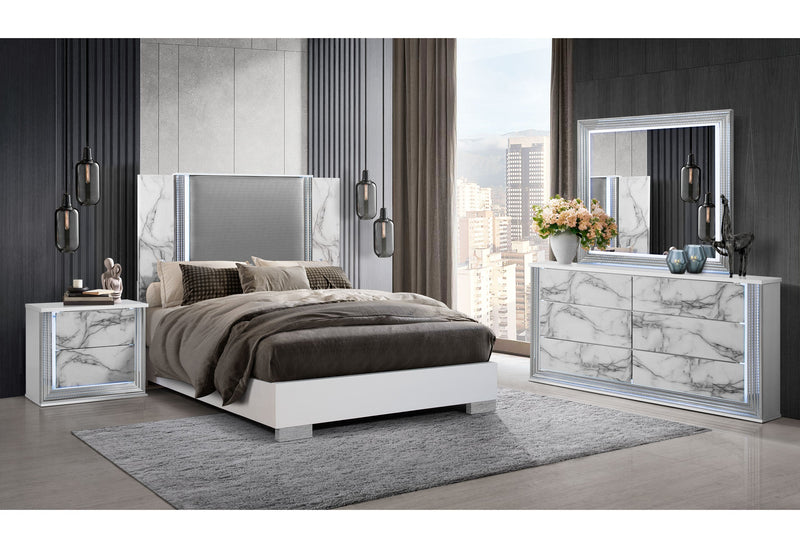 Ylime White Marble Queen Bed With Led - Gate FurnitureQueen Bed